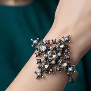 Medieval Crystal Cross Bracelet | Diamond Shaped Gold Tone Wearable Art | Gothic